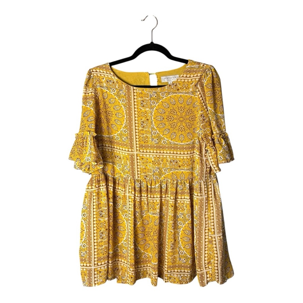 Hayden Women's Yellow Bandana Print Ruffle Sleeve Peplum Top Size S - Picture 9 of 9